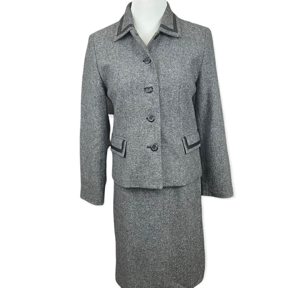 Vintage Pendleton Wool Silk Tweed Style Skirt Suit Leather Trim Black Small